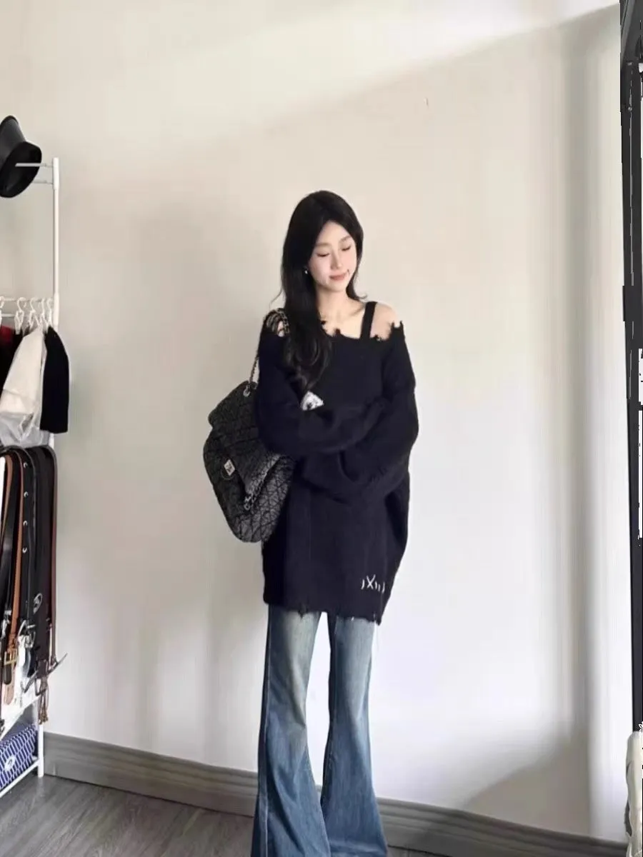 2023 New Plush Bow Lazy Sweater Women's Loose Autumn and Winter Designed Hole Knitted Sweater Top