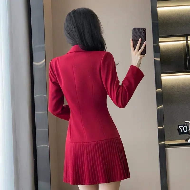 2023 Spring New Style Small Short Double-breasted Pleated Small A-Line Jacket Suit Skirt