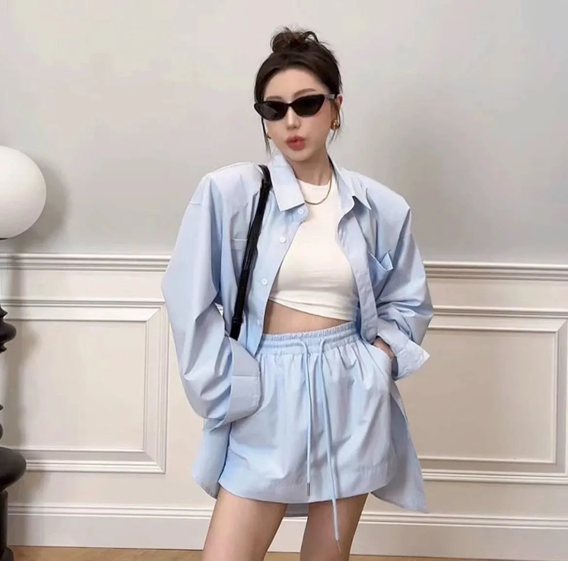 2024 early spring and autumn new Korean lazy style loose long-sleeved solid color sunscreen shirt + short skirt two-piece suit s