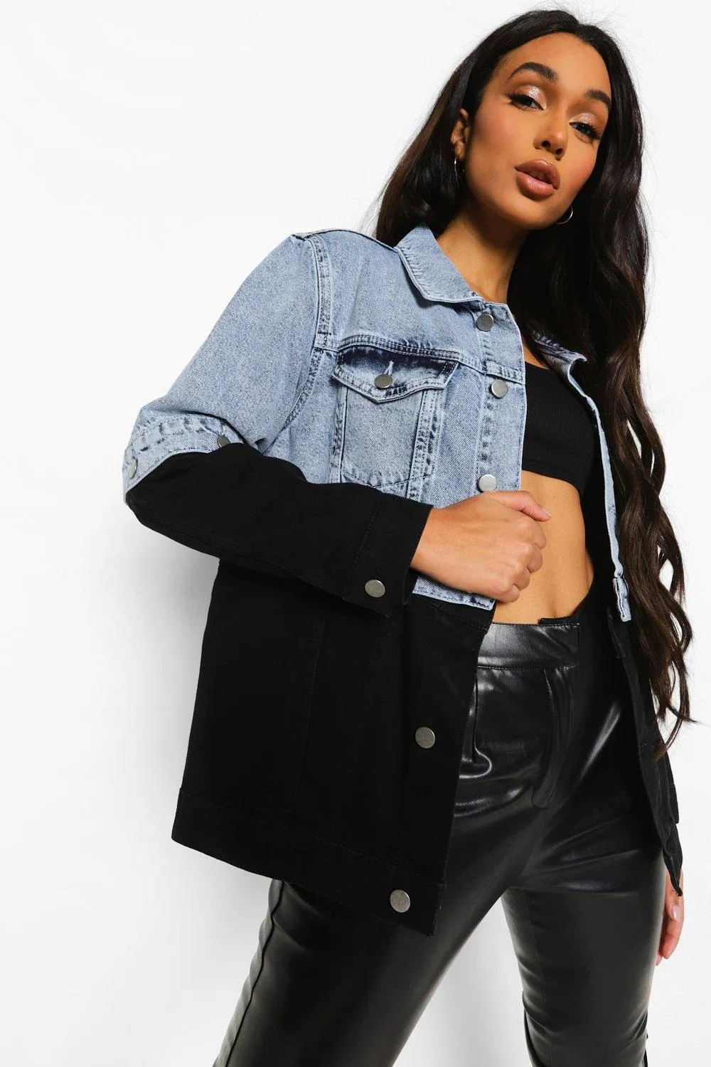 Acid Wash Color Block Denim Jacket