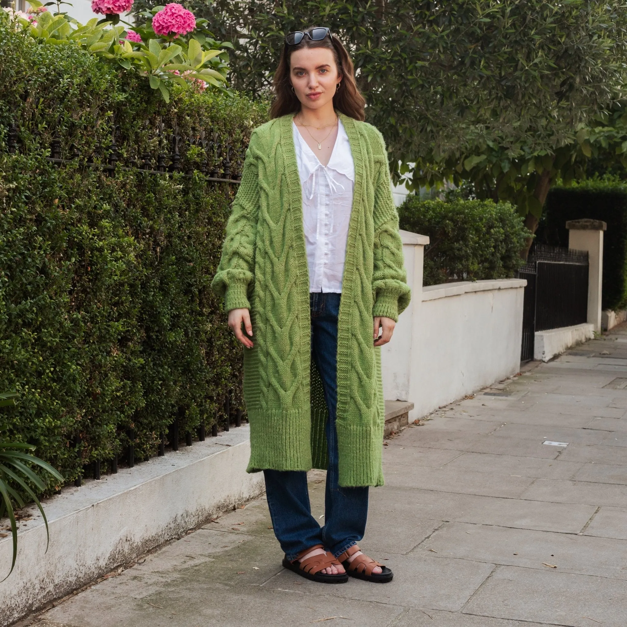 Alex Cable Longline Balloon Sleeve Cardigan - Green