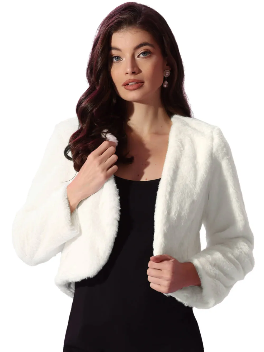 Allegra K - Open Front Faux Fur Cropped Jacket