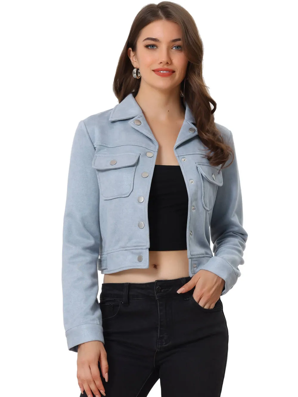 Allegra K- Faux Suede Notched Collar Button Up Cropped Jacket