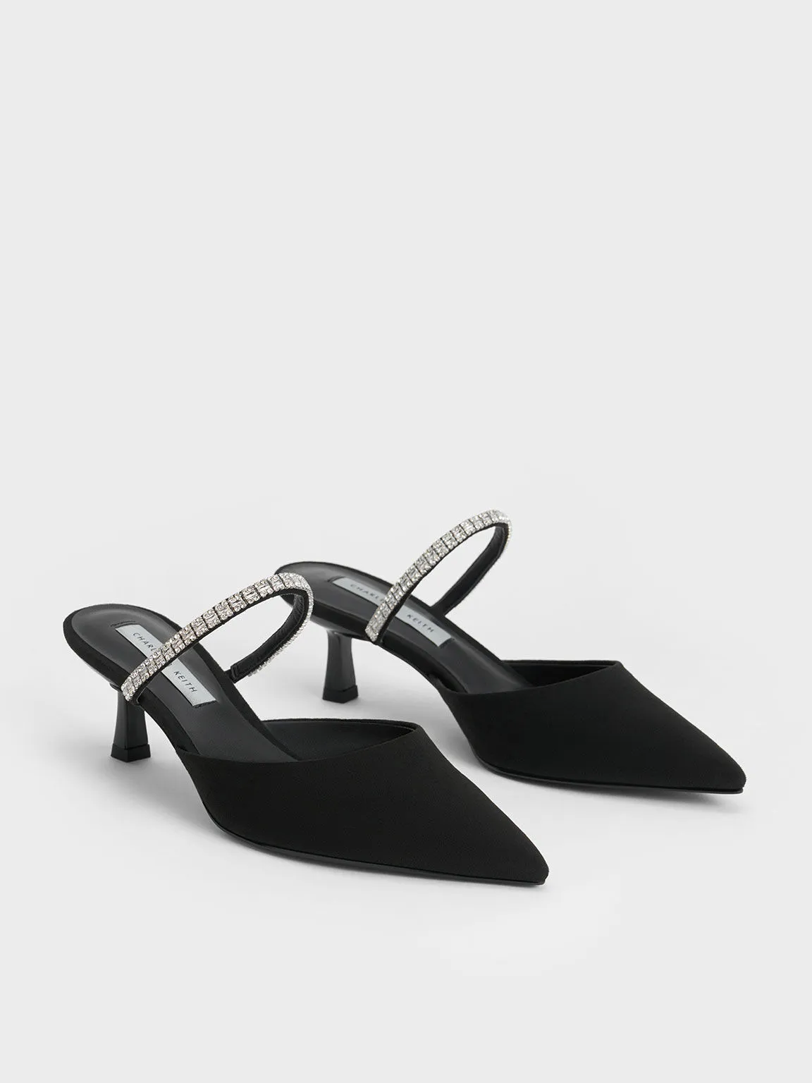 Ambrosia Textured Gem-Embellished Pointed-Toe Mules - Black Textured