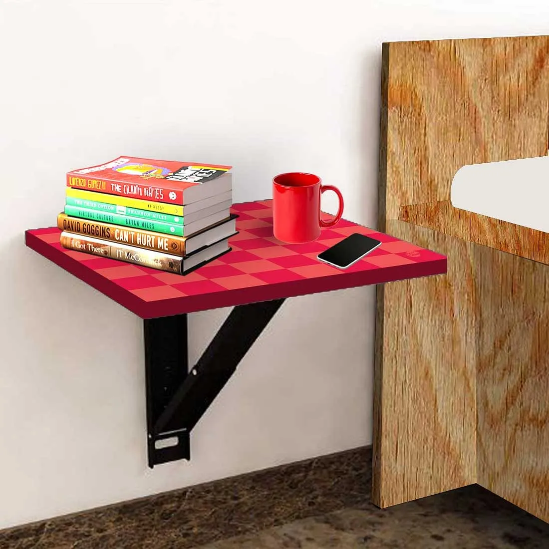 Bedside Table Folding Wall - Red Orange Check