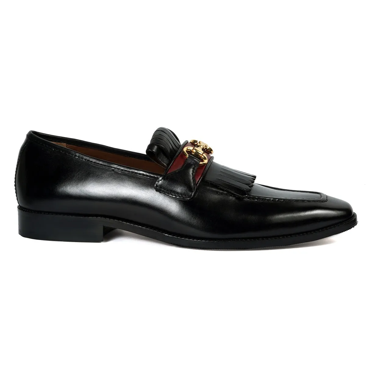 Black Formal Slip-On Shoes with Perfect Combination of Fringes & Horse-bit Buckle Detailing