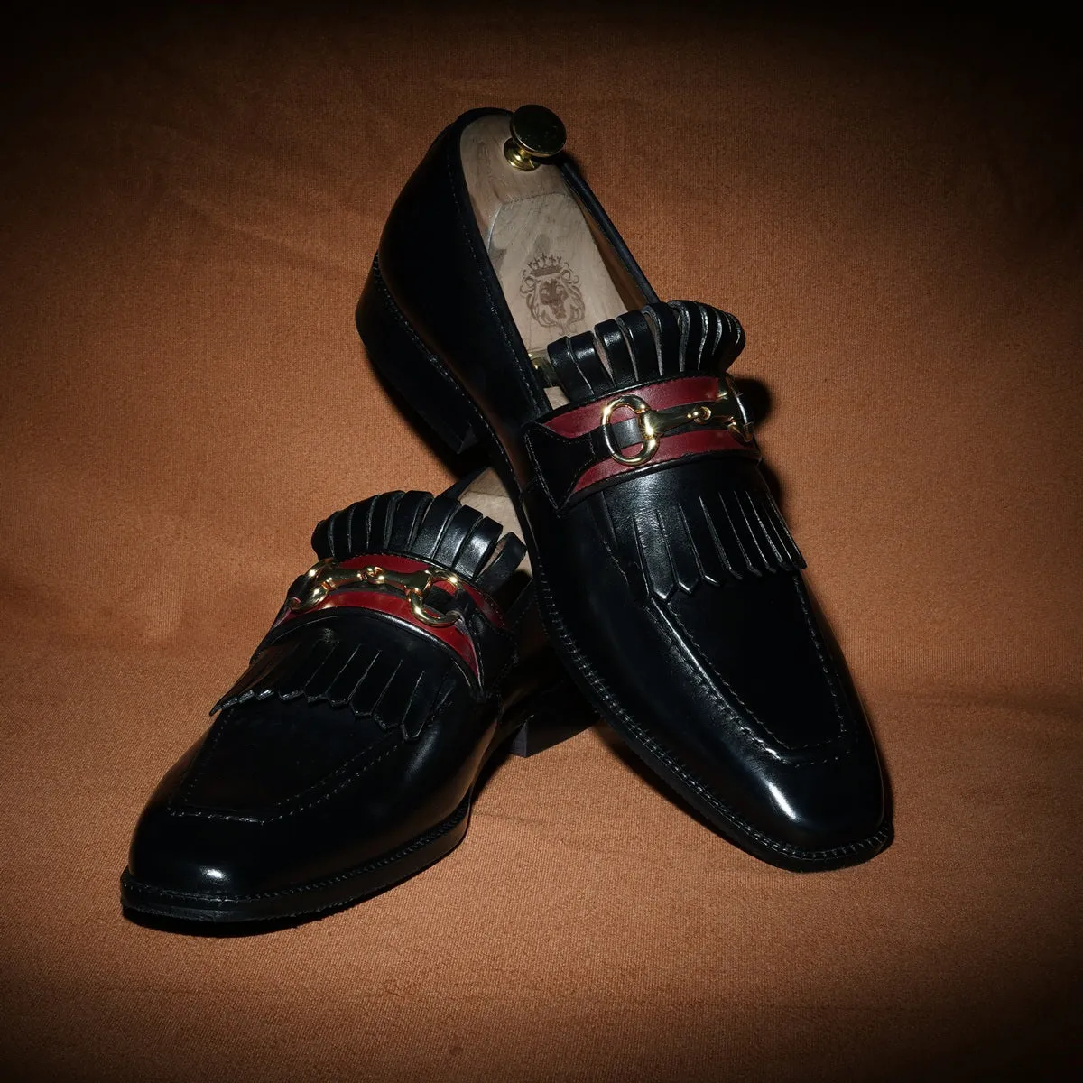 Black Formal Slip-On Shoes with Perfect Combination of Fringes & Horse-bit Buckle Detailing