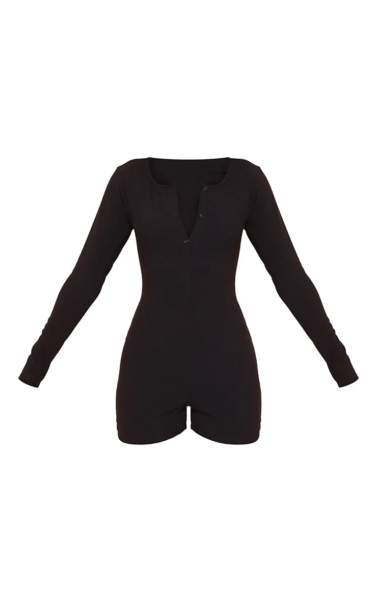 Black Soft Rib Long Sleeve Button Romper