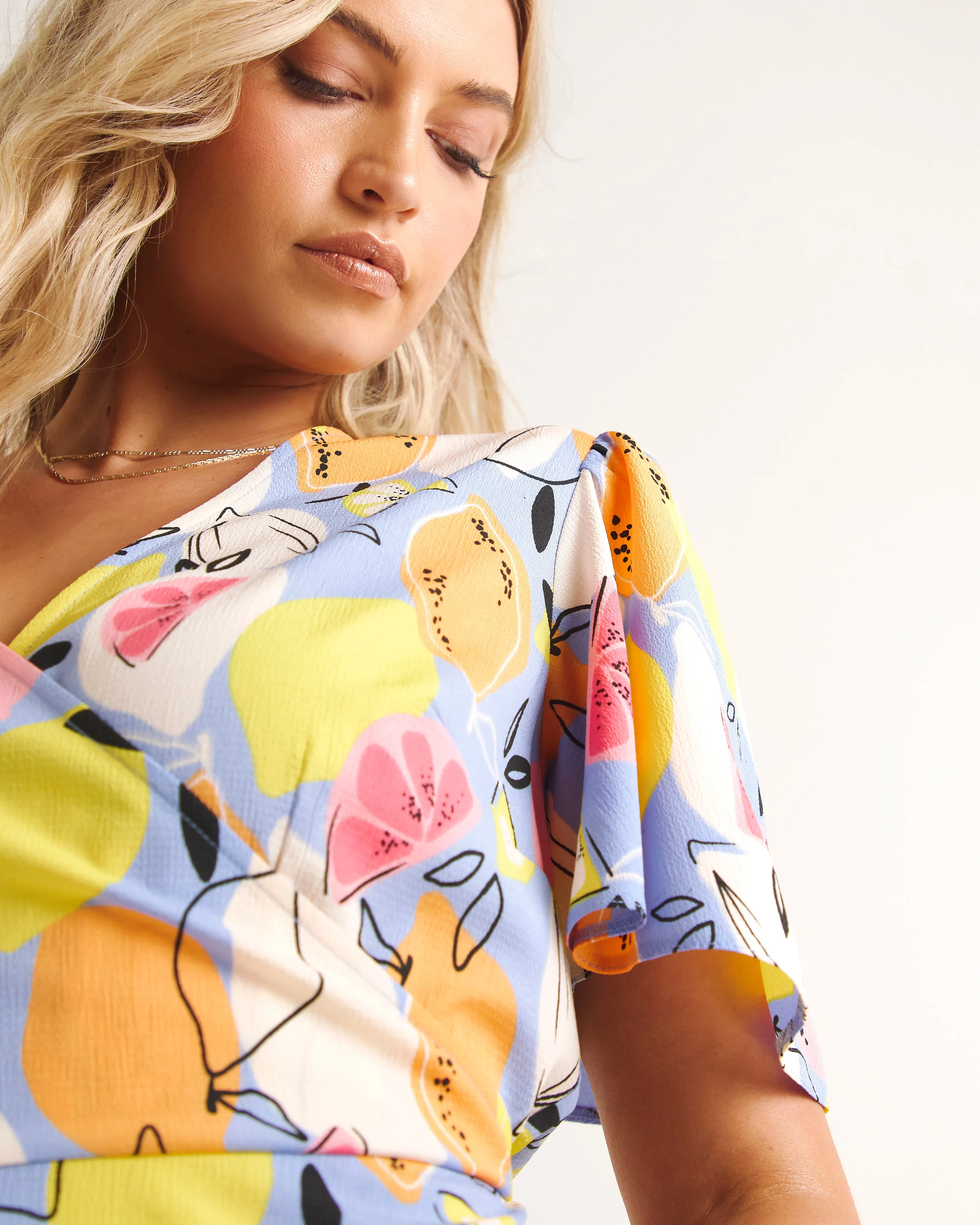 Blue Fruit Print Wrap Front Midi Dress | Simply Be
