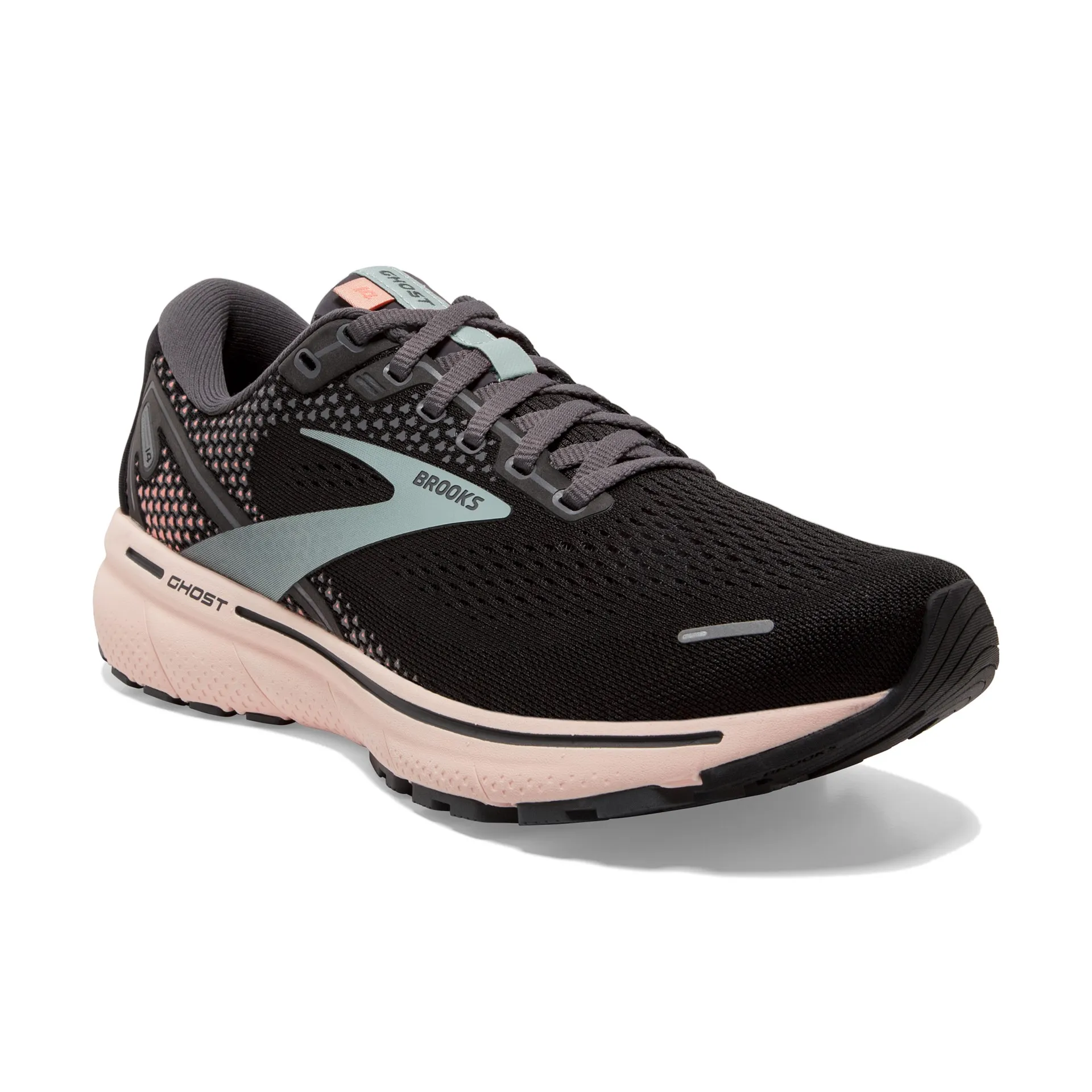 Brooks Womens Ghost 14 Lightweight Running Shoe- Black/Pearl/Peach
