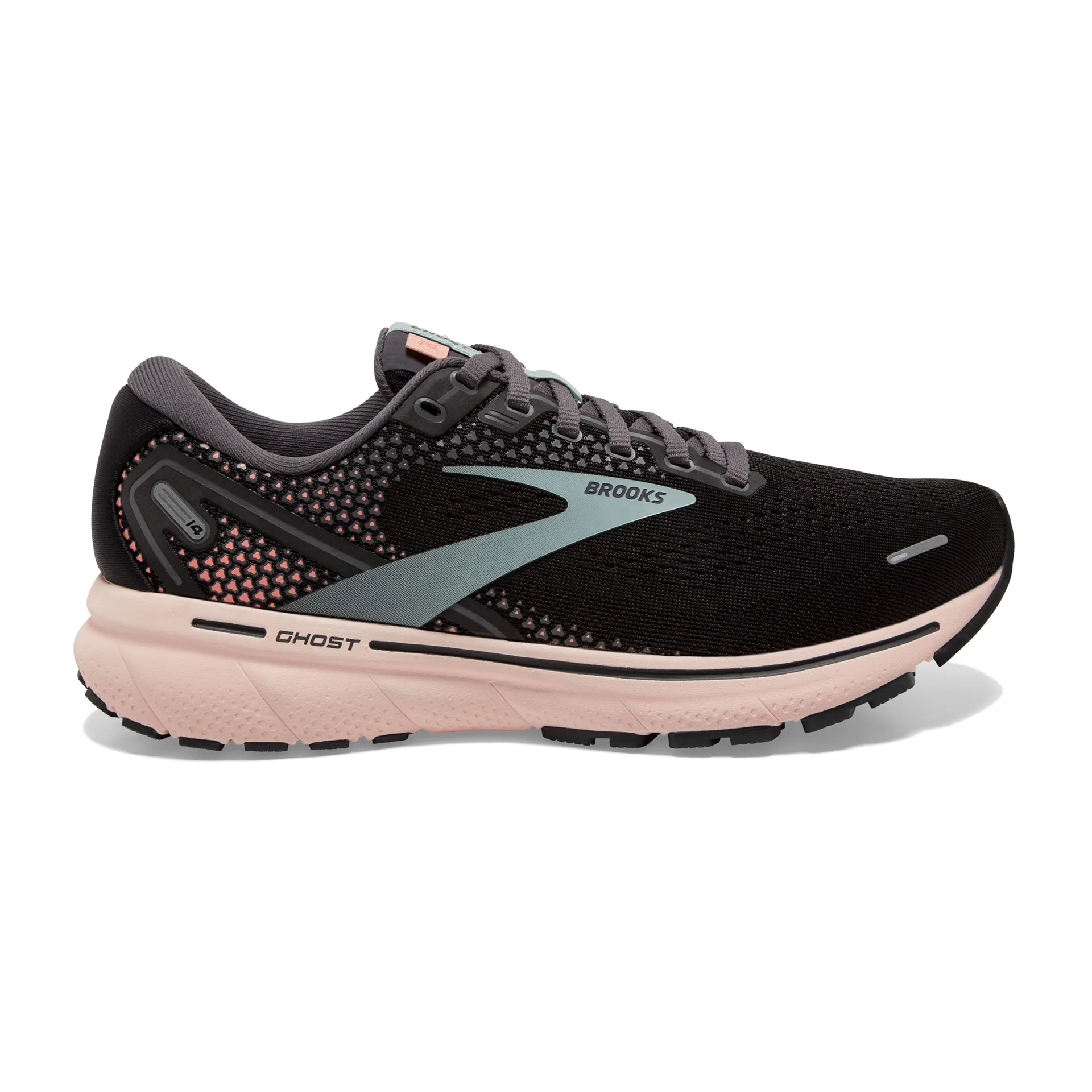 Brooks Womens Ghost 14 Lightweight Running Shoe- Black/Pearl/Peach