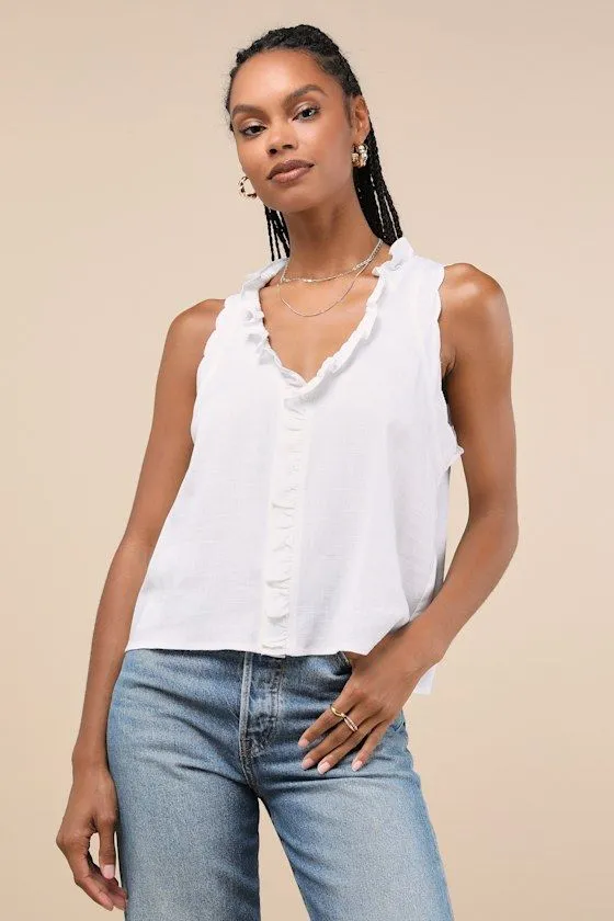 Casual Style White Ruffled Sleeveless Button-Up Tank Top