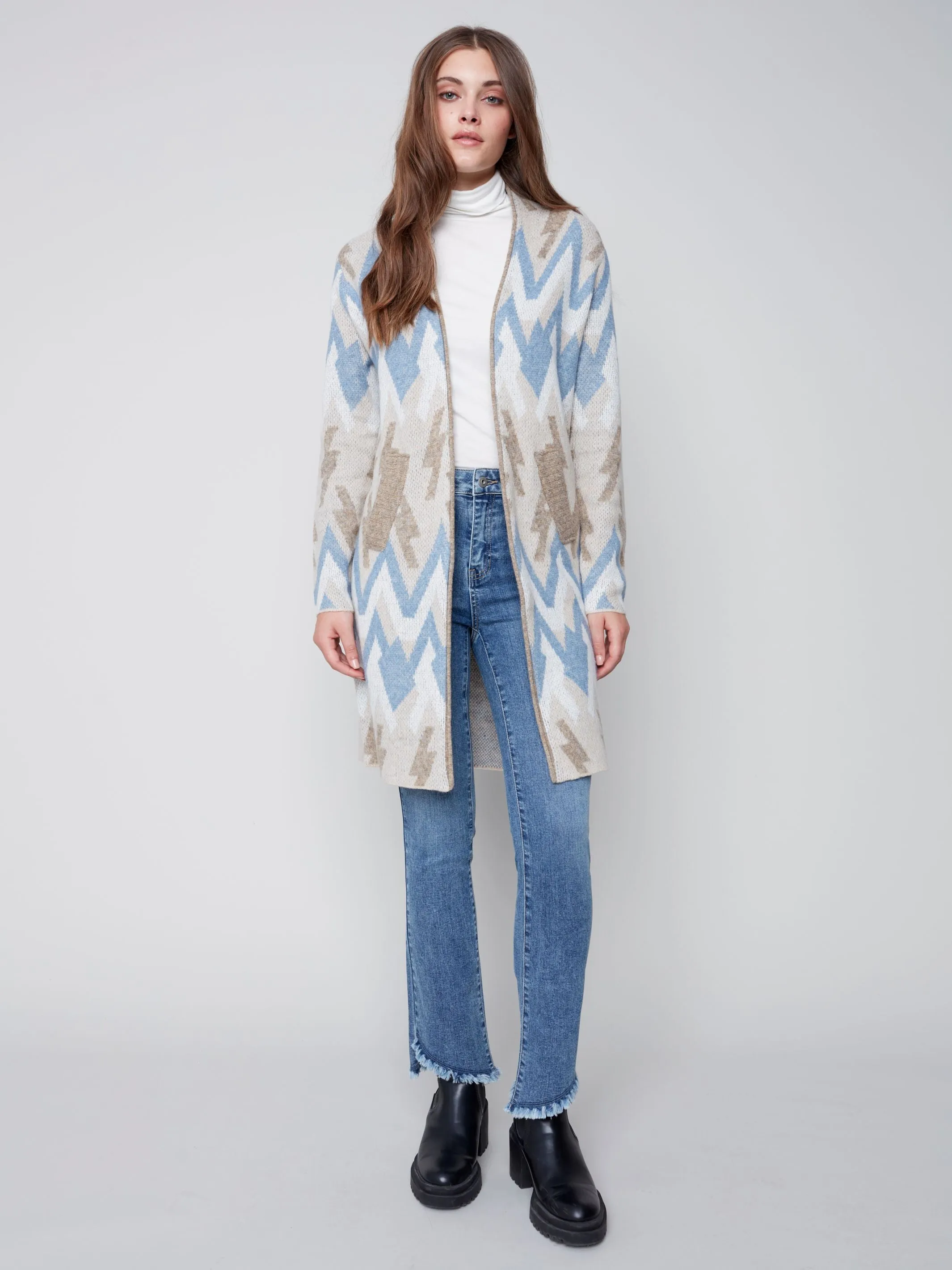 Charlie B Long Cardigan With Geometric Jacquard Pattern & Pockets