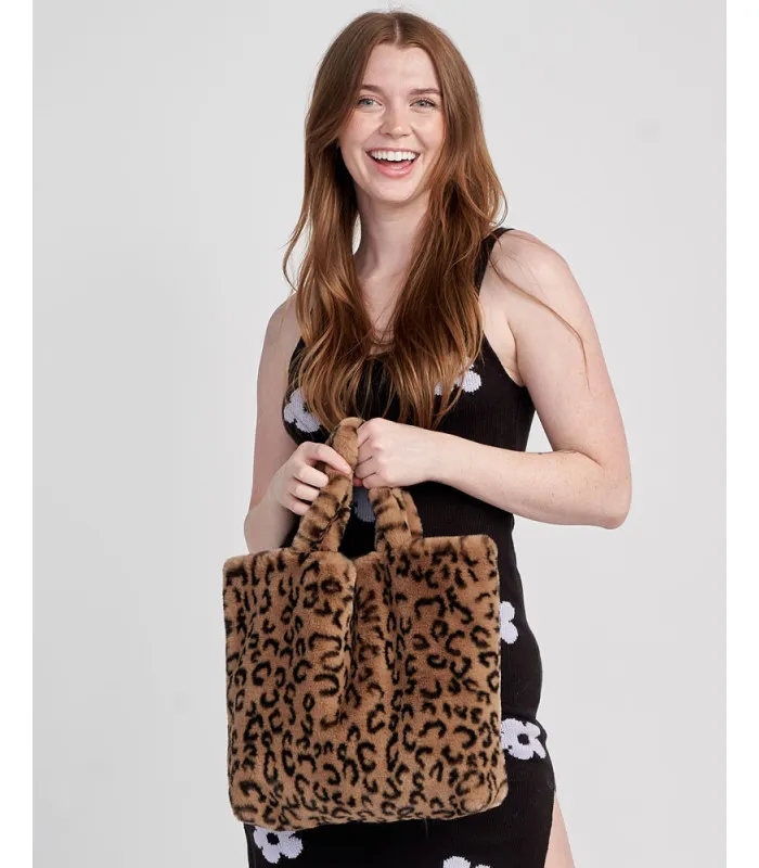 Christina Faux Leopard Fur Tote Bag in Brown: FurHatWorld.com