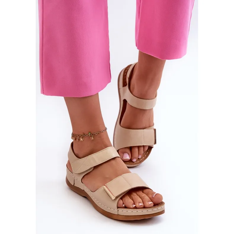 Comfortable Women's Sandals with Velcro, Beige Iphiope