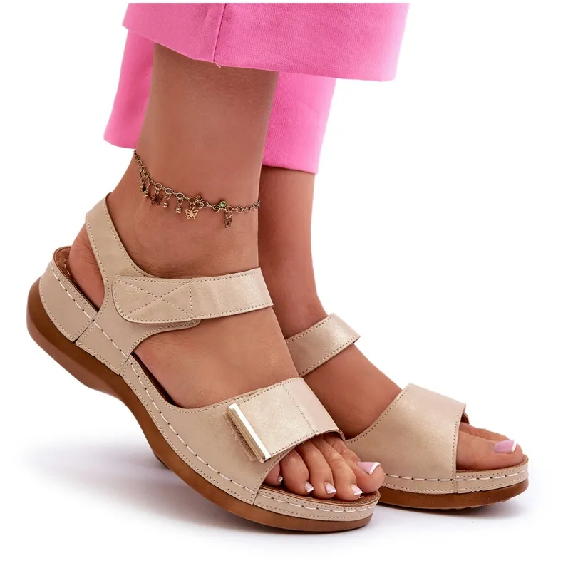 Comfortable Women's Sandals with Velcro, Beige Iphiope