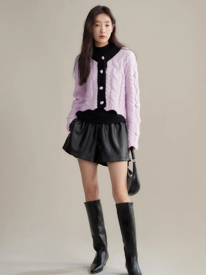 Contrasting Color Twist Texture Knitted Cardigan