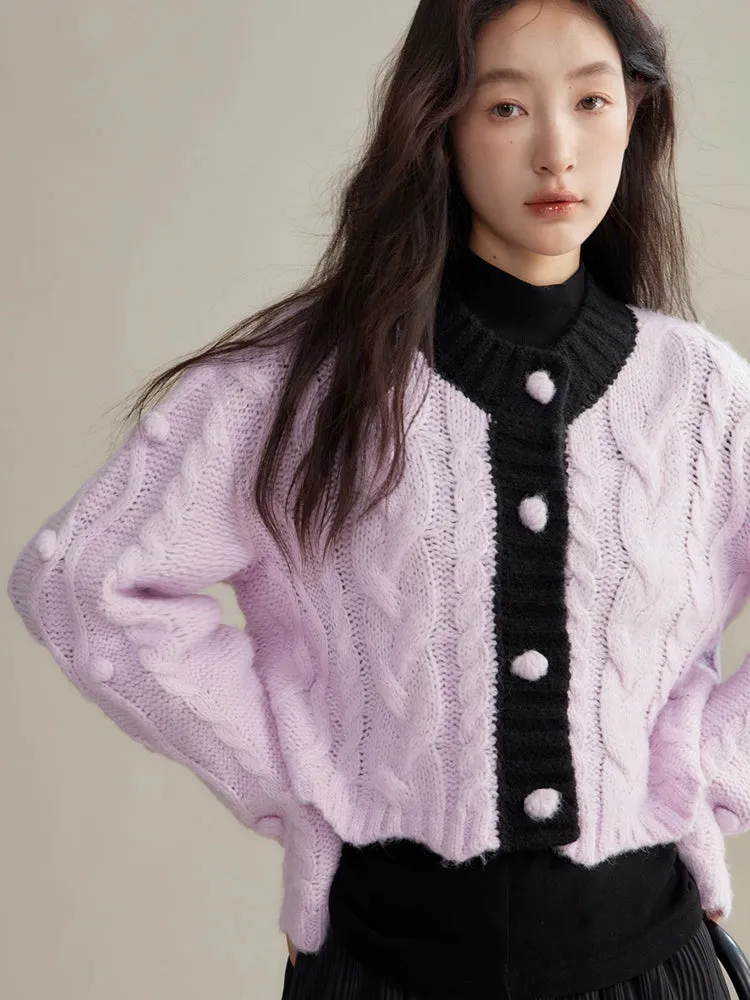 Contrasting Color Twist Texture Knitted Cardigan