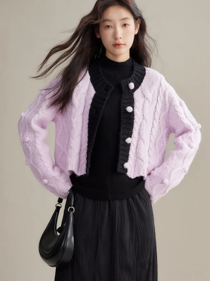 Contrasting Color Twist Texture Knitted Cardigan