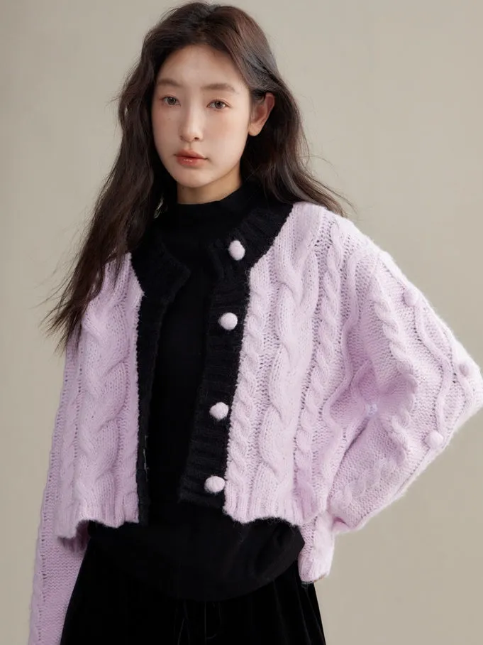 Contrasting Color Twist Texture Knitted Cardigan