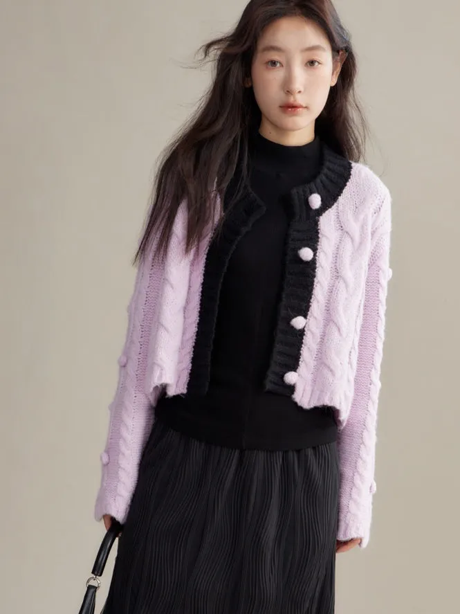 Contrasting Color Twist Texture Knitted Cardigan