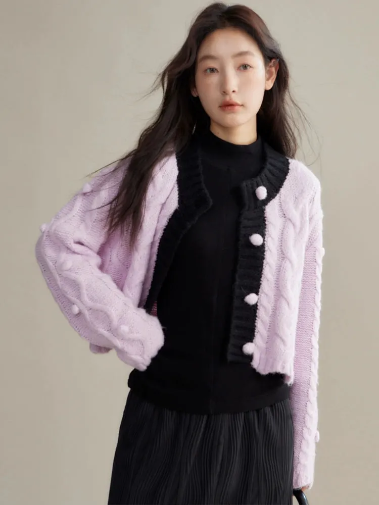Contrasting Color Twist Texture Knitted Cardigan