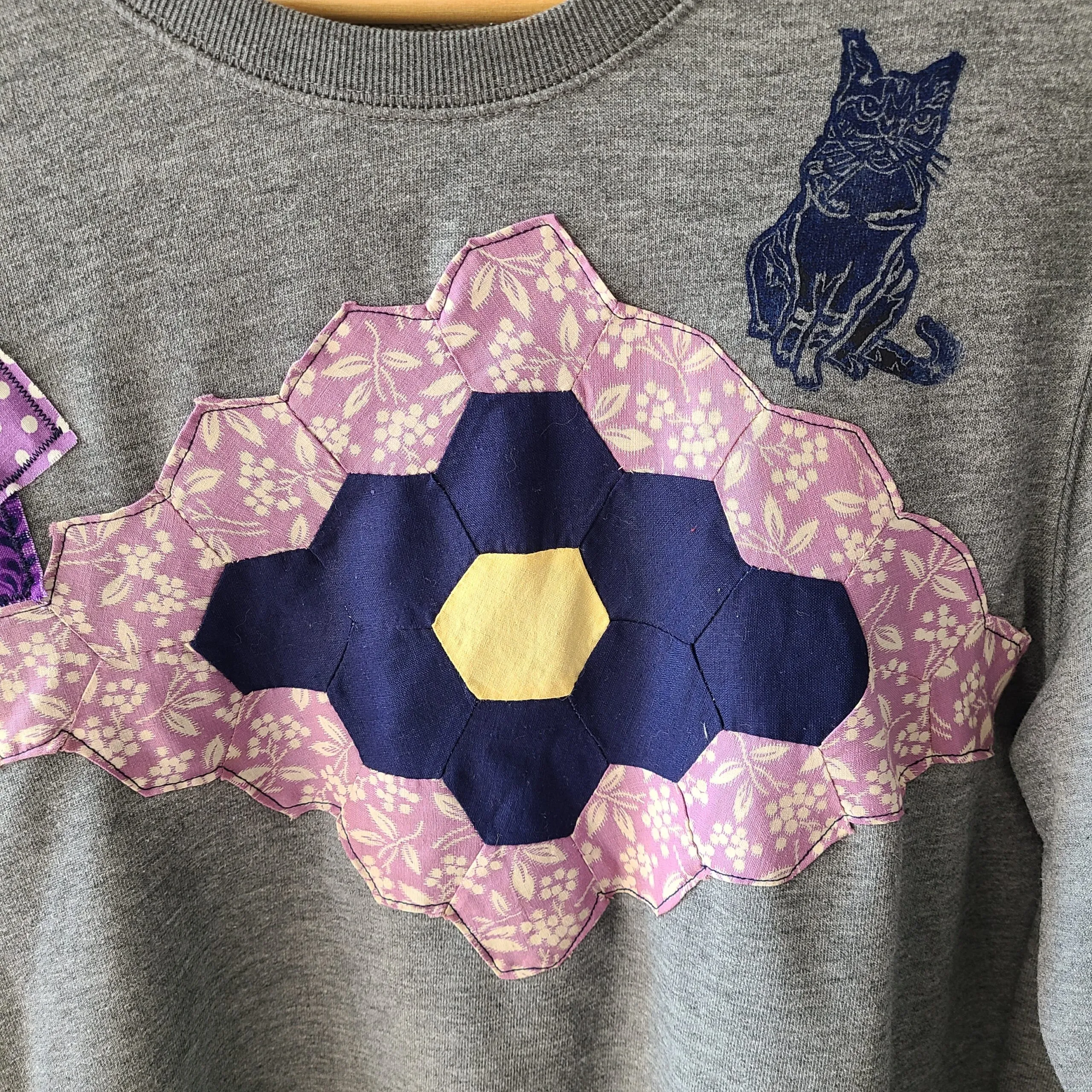 Dark Gray Sweatshirt with Quilt Patches and Kitty Cat Print