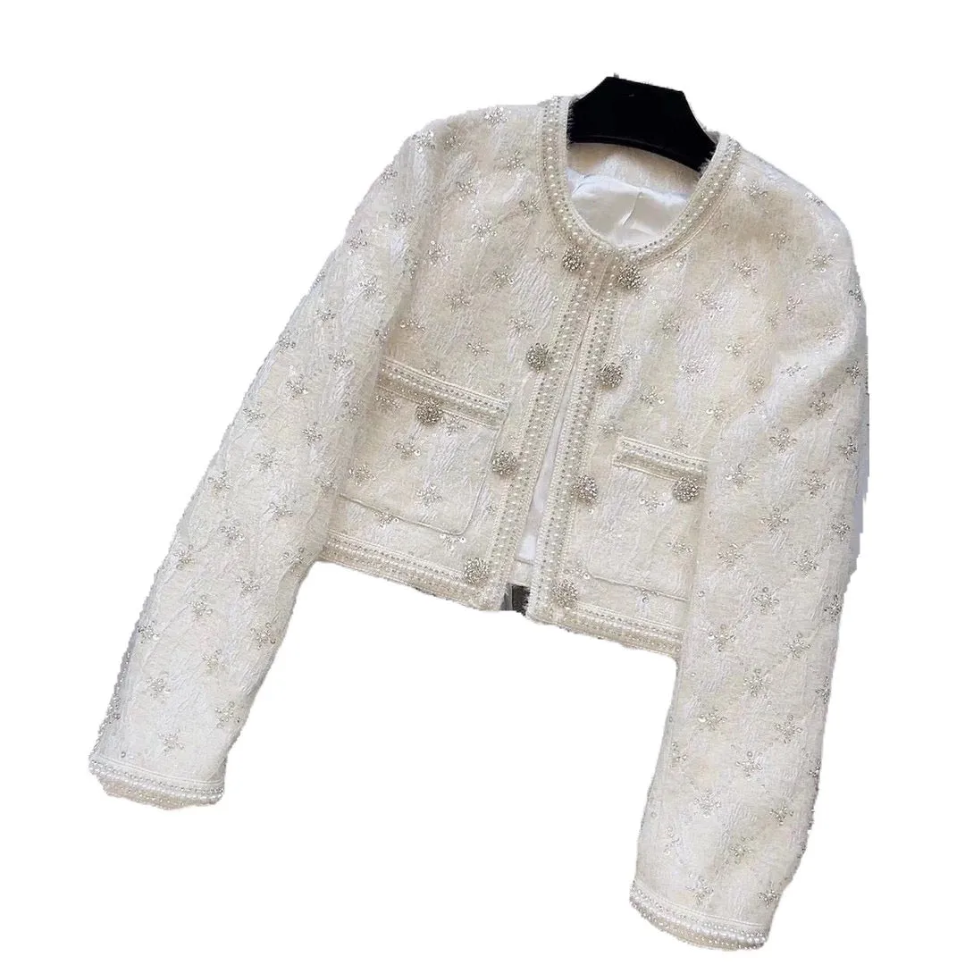 European station 2023 spring new high-end small fragrance jacket women's high-definition hand-beaded short temperament top