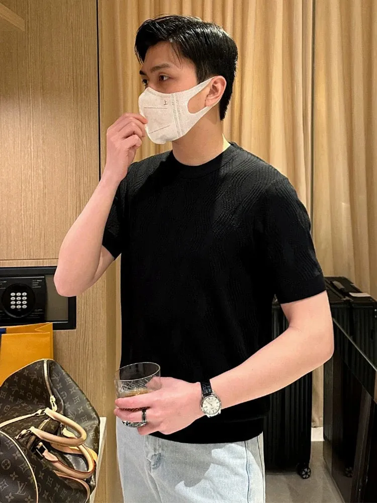 Fashionable high-end simple and generous white bottoming shirt men's summer thin custom three-dimensional texture slim knit swea