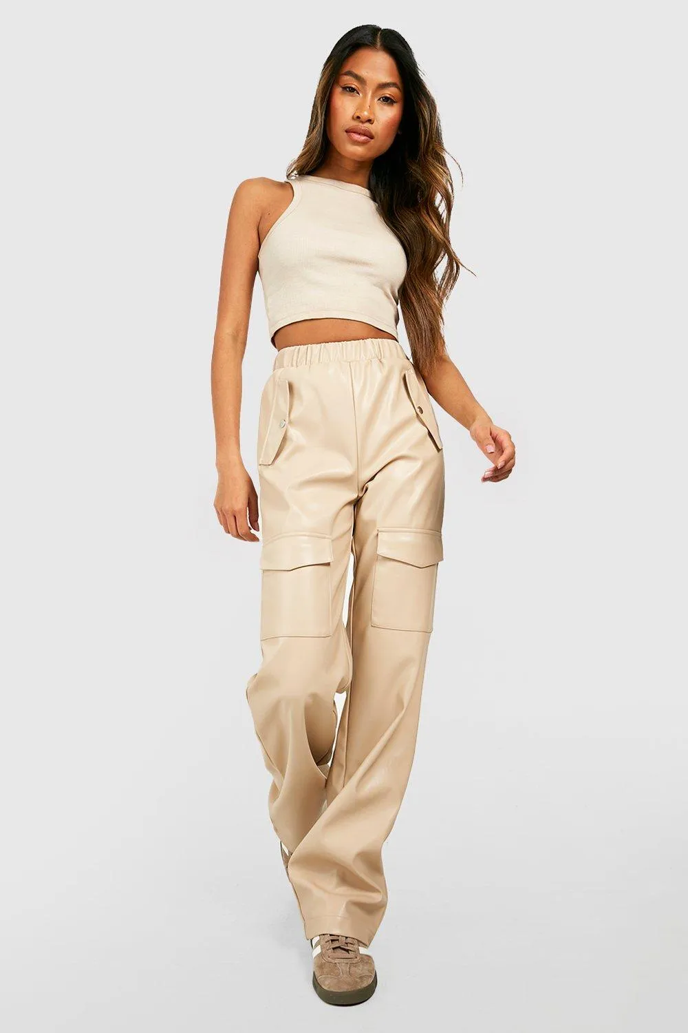 Faux Leather High Waisted Wide Leg Cargo Pants