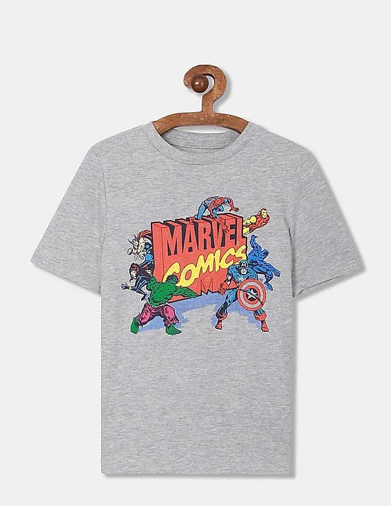 GAP Boys Grey Crew Neck Heathered Marvel Graphic Print T-Shirt