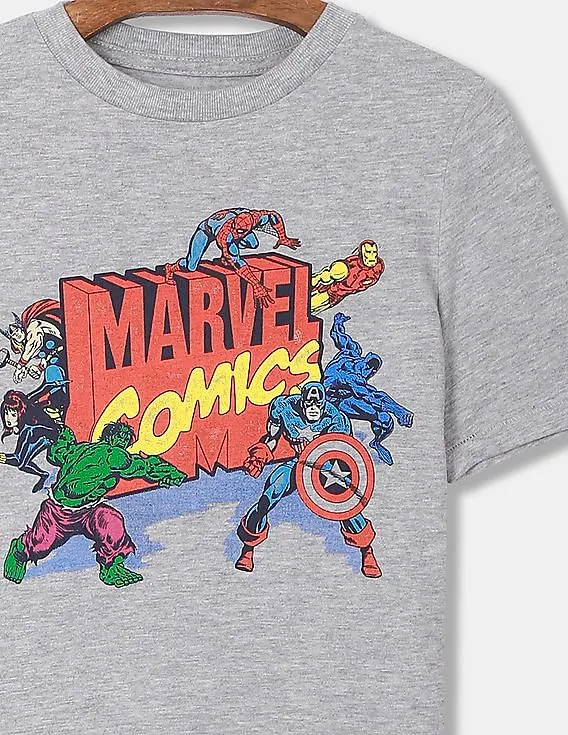 GAP Boys Grey Crew Neck Heathered Marvel Graphic Print T-Shirt