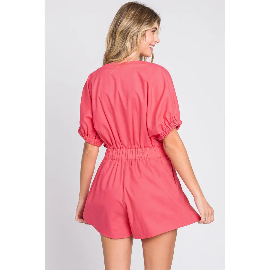 GeeGee Half Button V-Neck Linen Romper