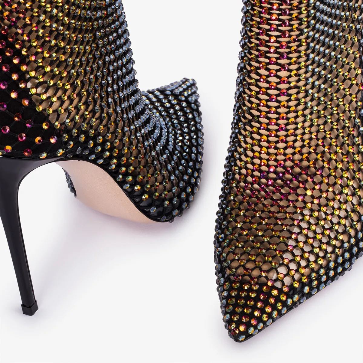 GILDA ANKLE BOOT 120 mm Black fishnet ankle boot and iridescent Crystals