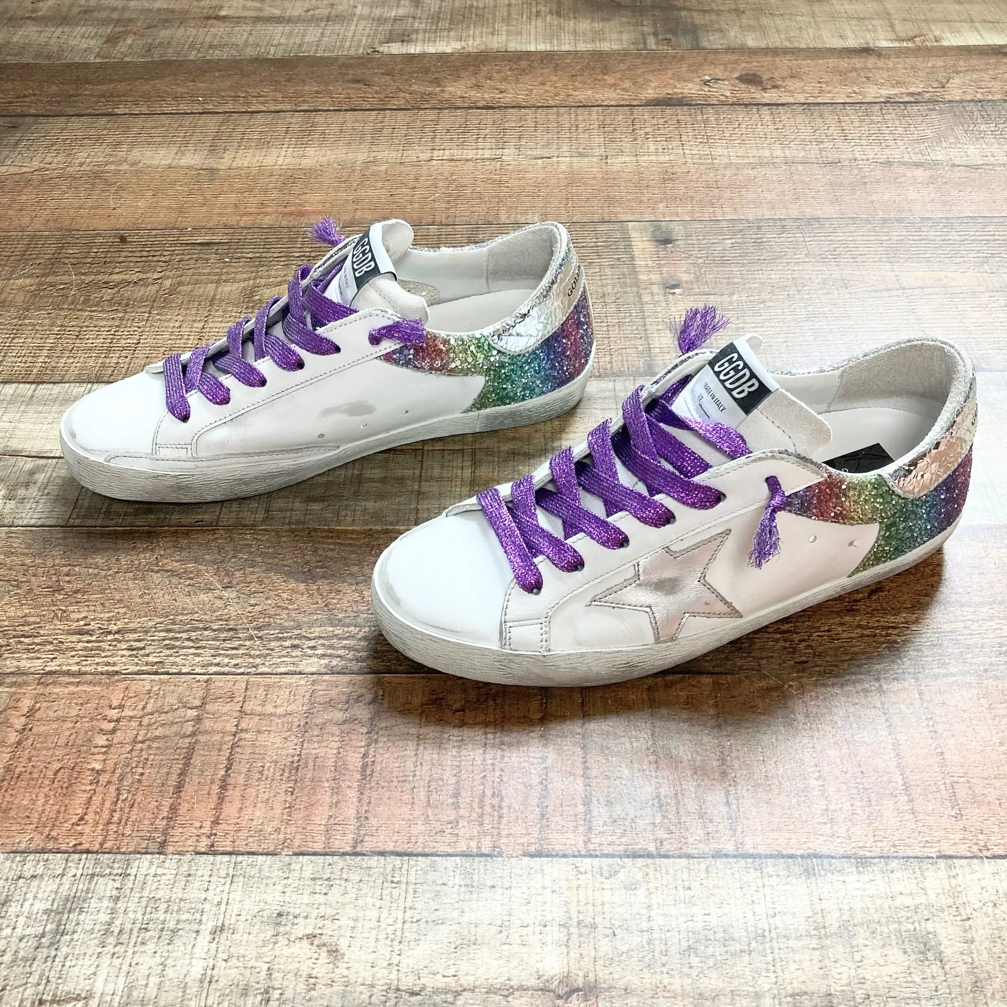 GOLDEN GOOSE RAINBOW GLITTER WITH PURPLE LACES SUPER-STAR LIMITED EDITION NO. 589 OF 776 SNEAKERS- SIZE 39/US 9 ( ONLINE