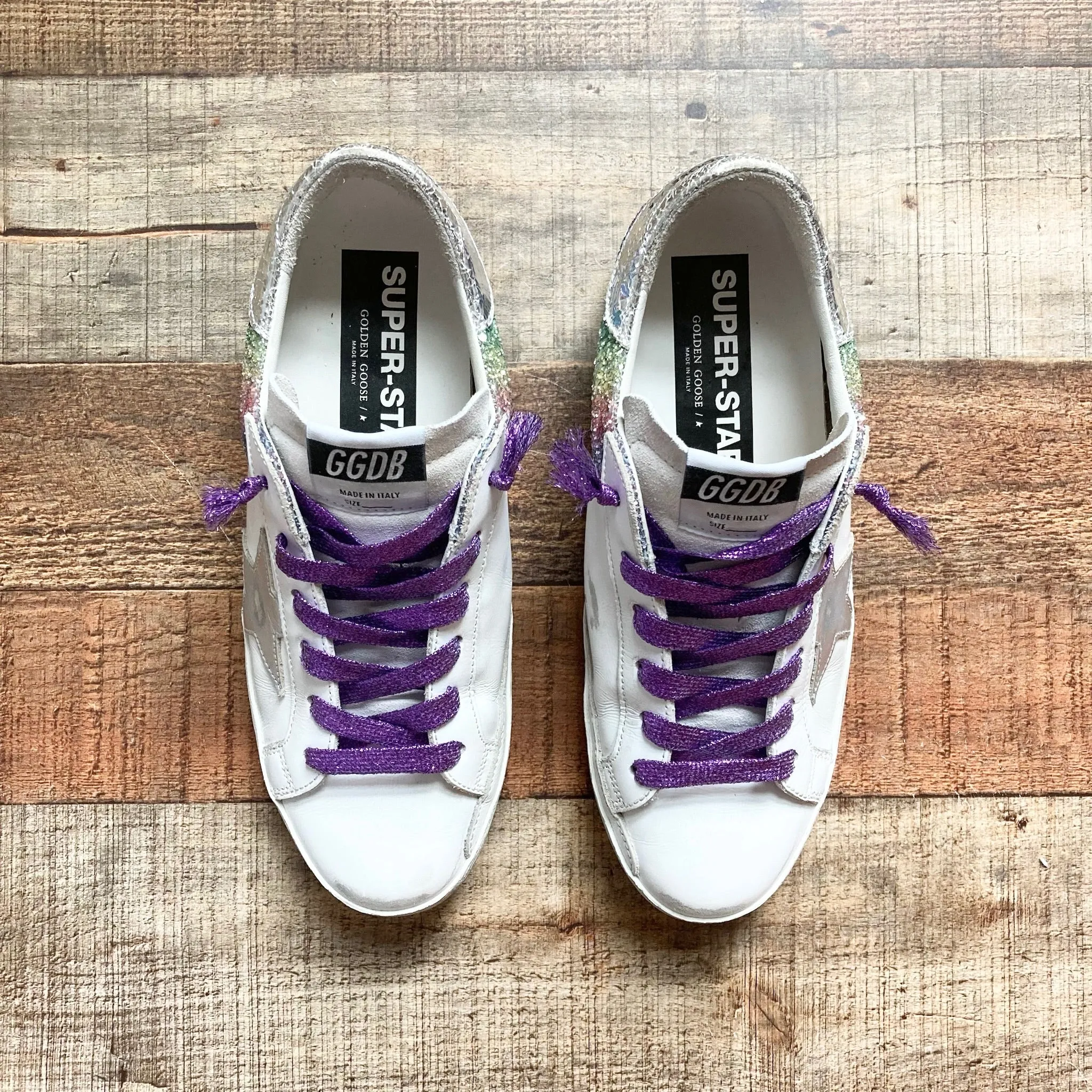 GOLDEN GOOSE RAINBOW GLITTER WITH PURPLE LACES SUPER-STAR LIMITED EDITION NO. 589 OF 776 SNEAKERS- SIZE 39/US 9 ( ONLINE