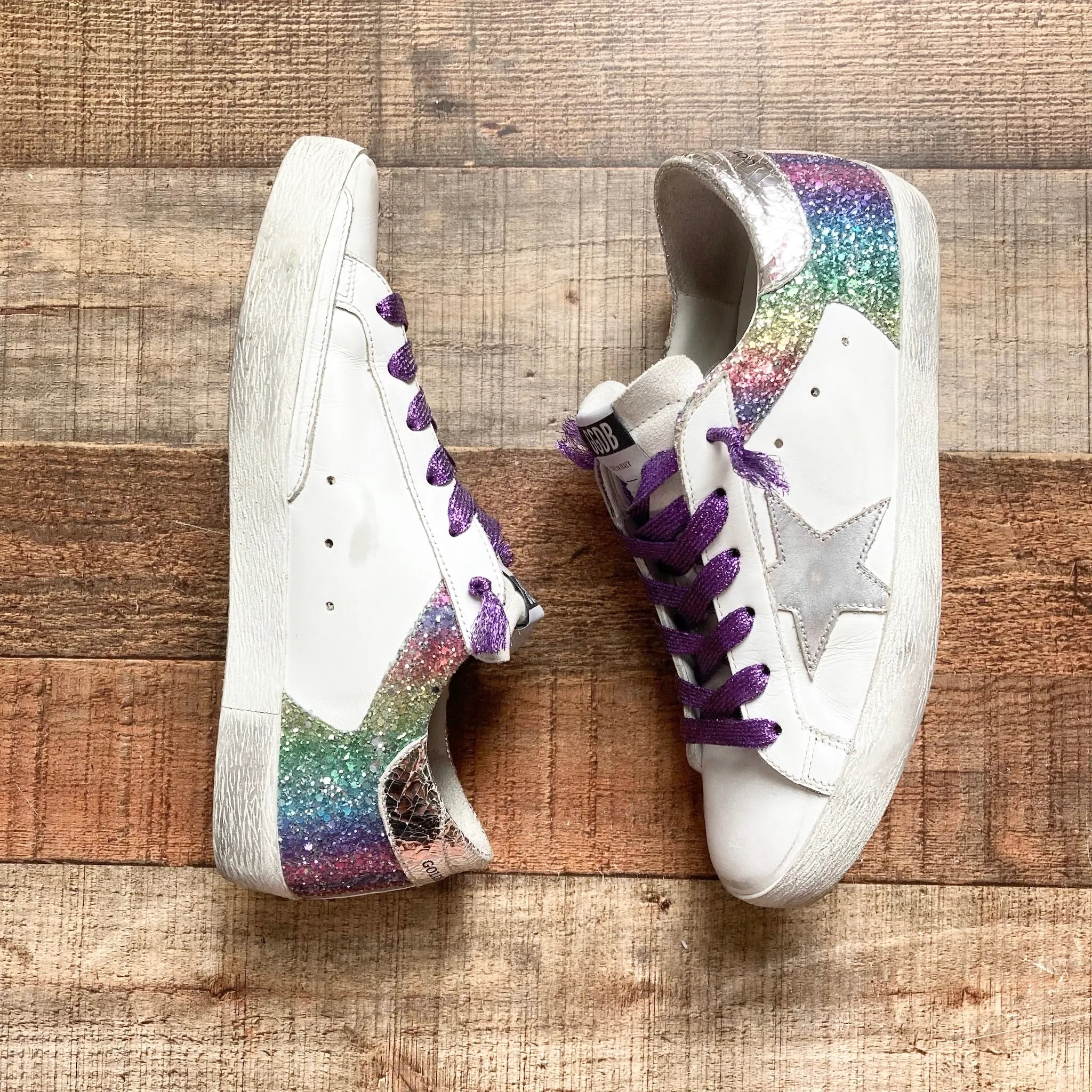 GOLDEN GOOSE RAINBOW GLITTER WITH PURPLE LACES SUPER-STAR LIMITED EDITION NO. 589 OF 776 SNEAKERS- SIZE 39/US 9 ( ONLINE