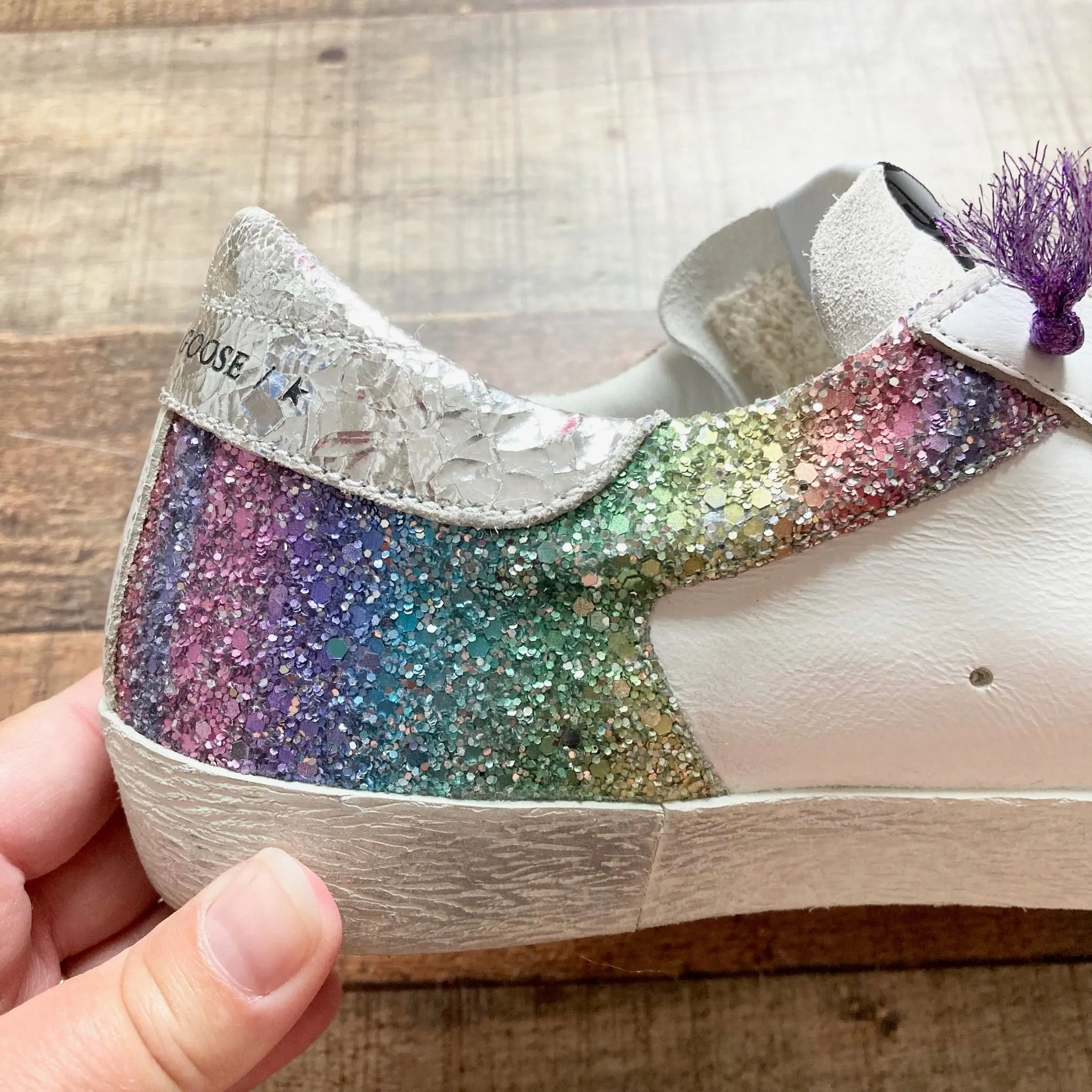 GOLDEN GOOSE RAINBOW GLITTER WITH PURPLE LACES SUPER-STAR LIMITED EDITION NO. 589 OF 776 SNEAKERS- SIZE 39/US 9 ( ONLINE