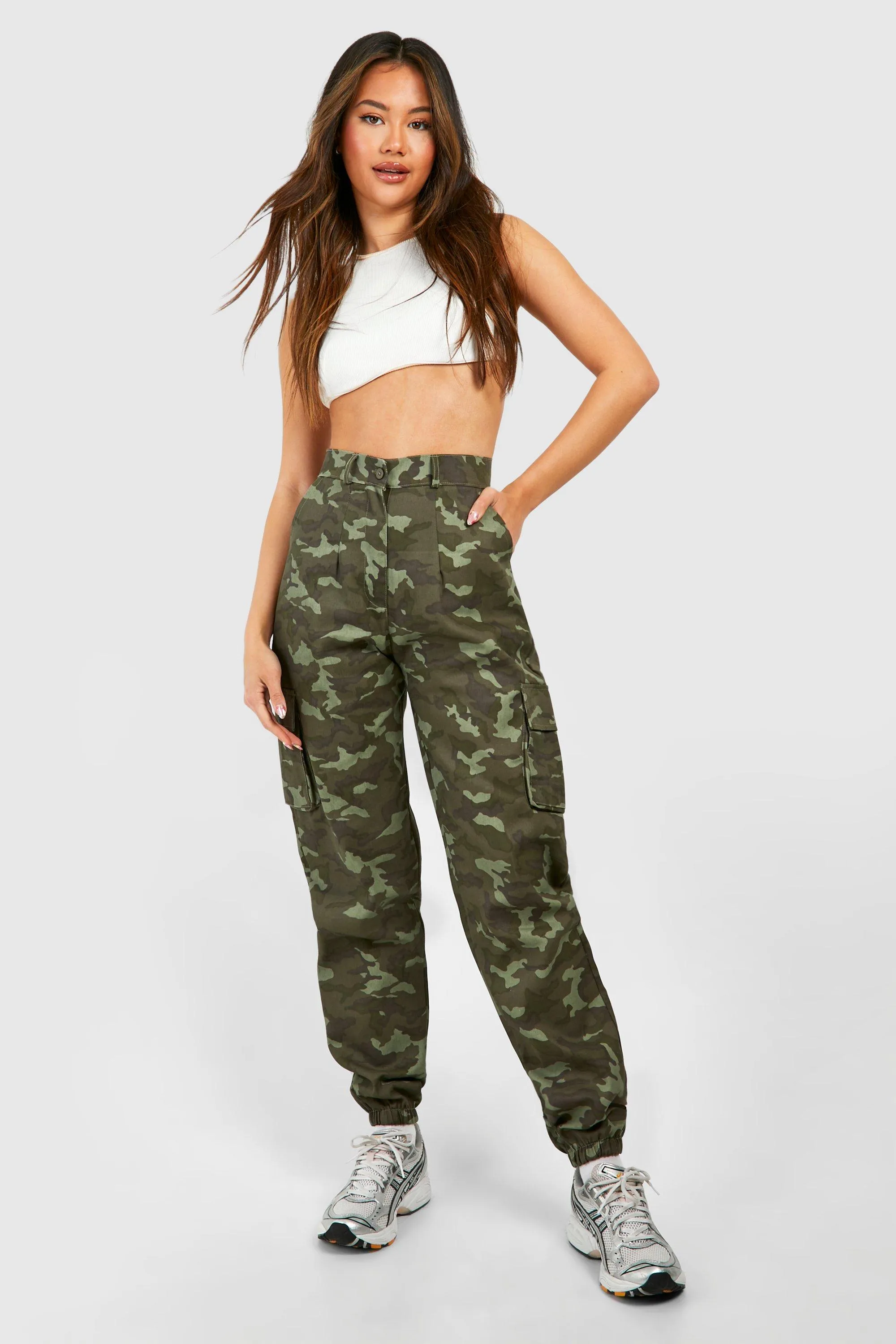 High Waisted Camo Print Cargo Pants