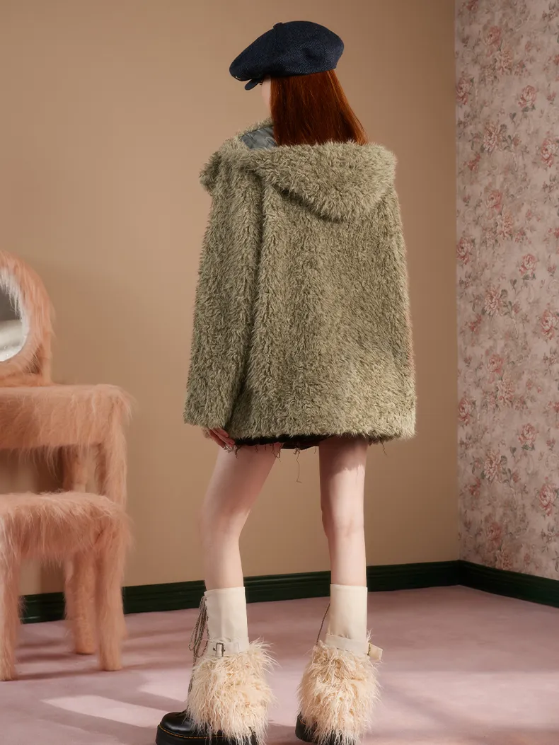 Hoodie Fluffily Retro Plain Simple Long Oversize Fur-Jacket