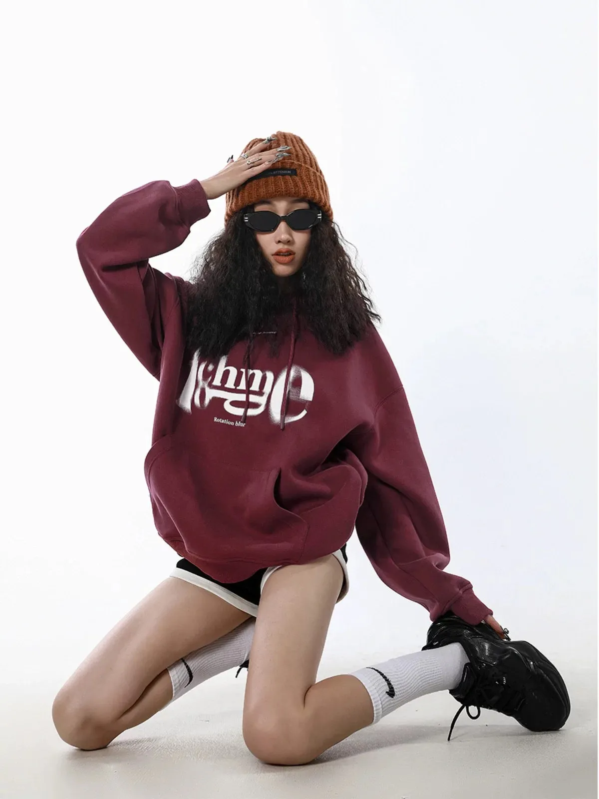 ICH MODE blurred letter design American retro hooded sweatshirt women's spring and autumn high street pullover spring and autumn
