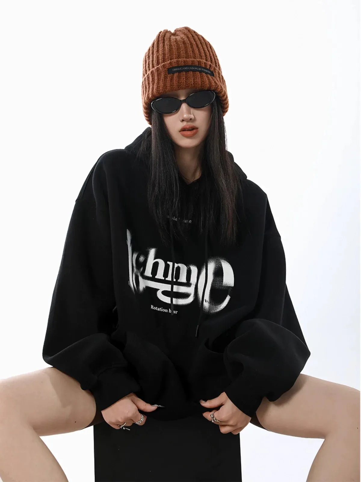 ICH MODE blurred letter design American retro hooded sweatshirt women's spring and autumn high street pullover spring and autumn