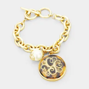 iLLASPARKZ Monogram Pearl Charm Chain Link Monogram Bracelet