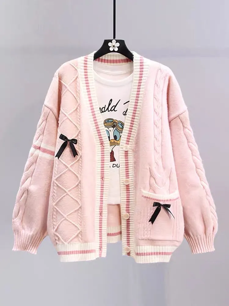 Japanese bow sweater jacket for women autumn and winter 2023 new loose and lazy style design age-reducing knitted cardigan