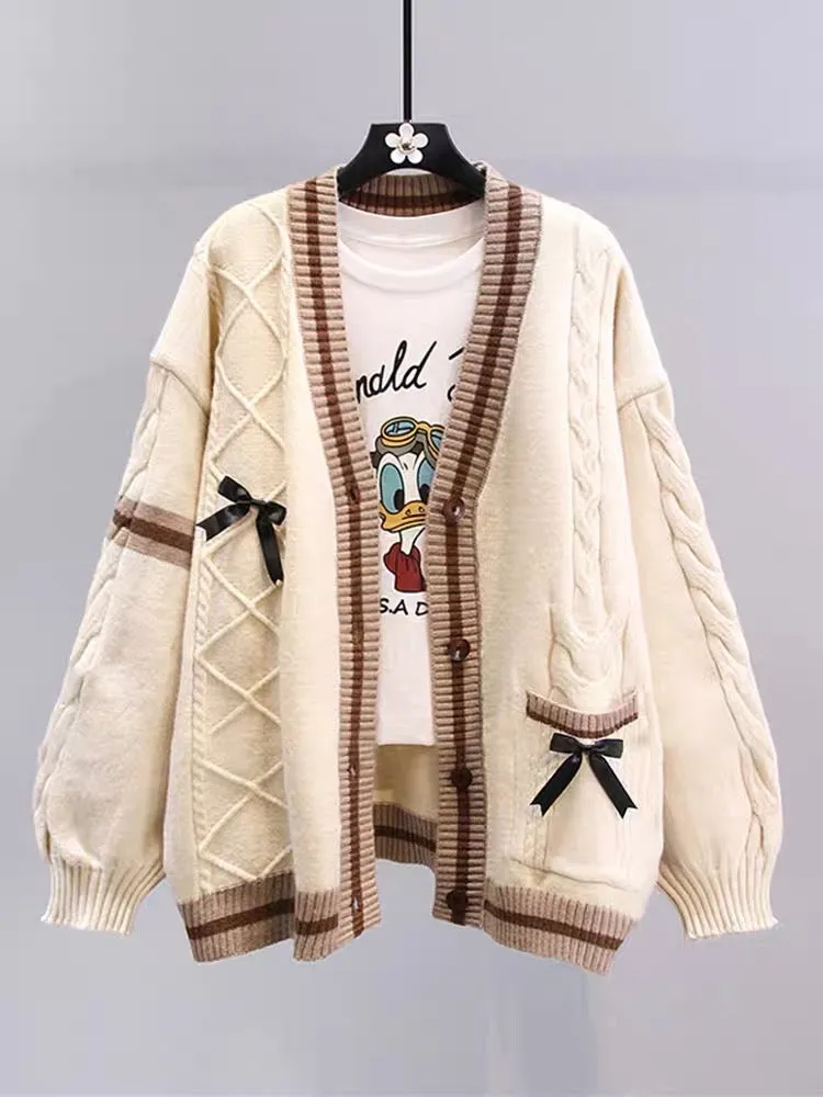 Japanese bow sweater jacket for women autumn and winter 2023 new loose and lazy style design age-reducing knitted cardigan