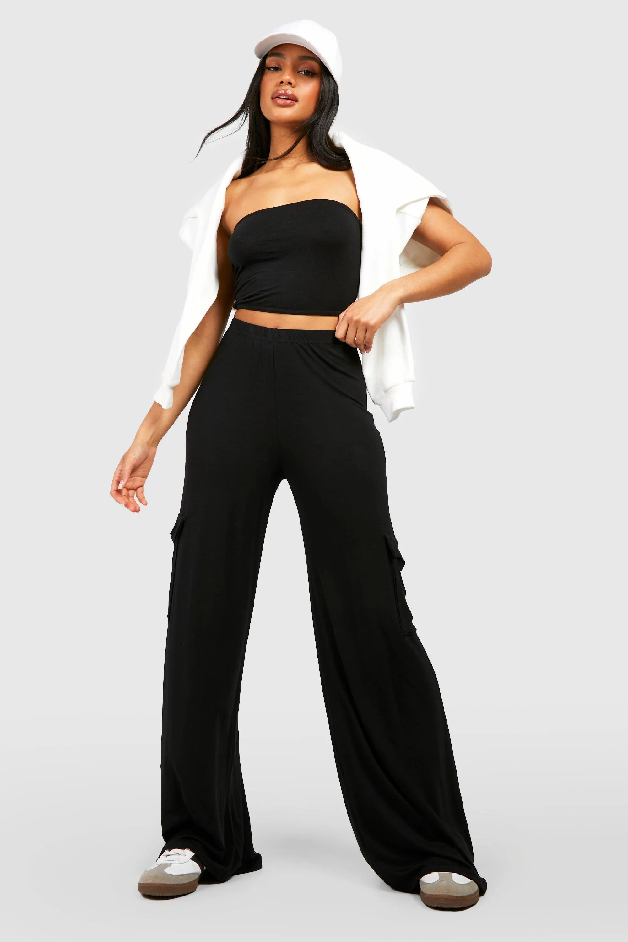 Jersey Knit Cargo Wide Leg Pants