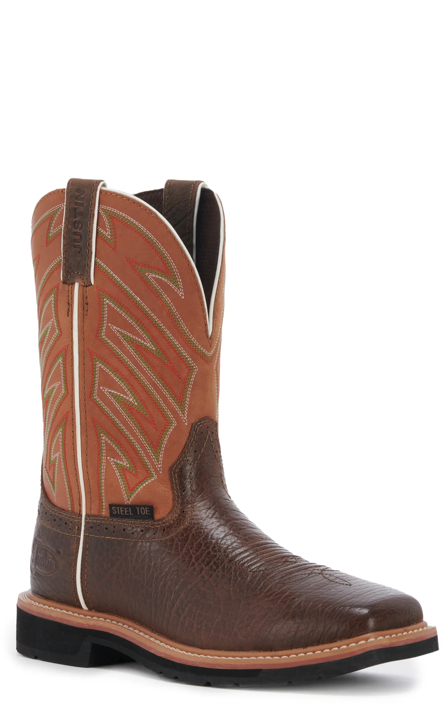 Justin Men's Stampede Electrician Chestnut Brown and Orange Square Steel Toe Work Boot