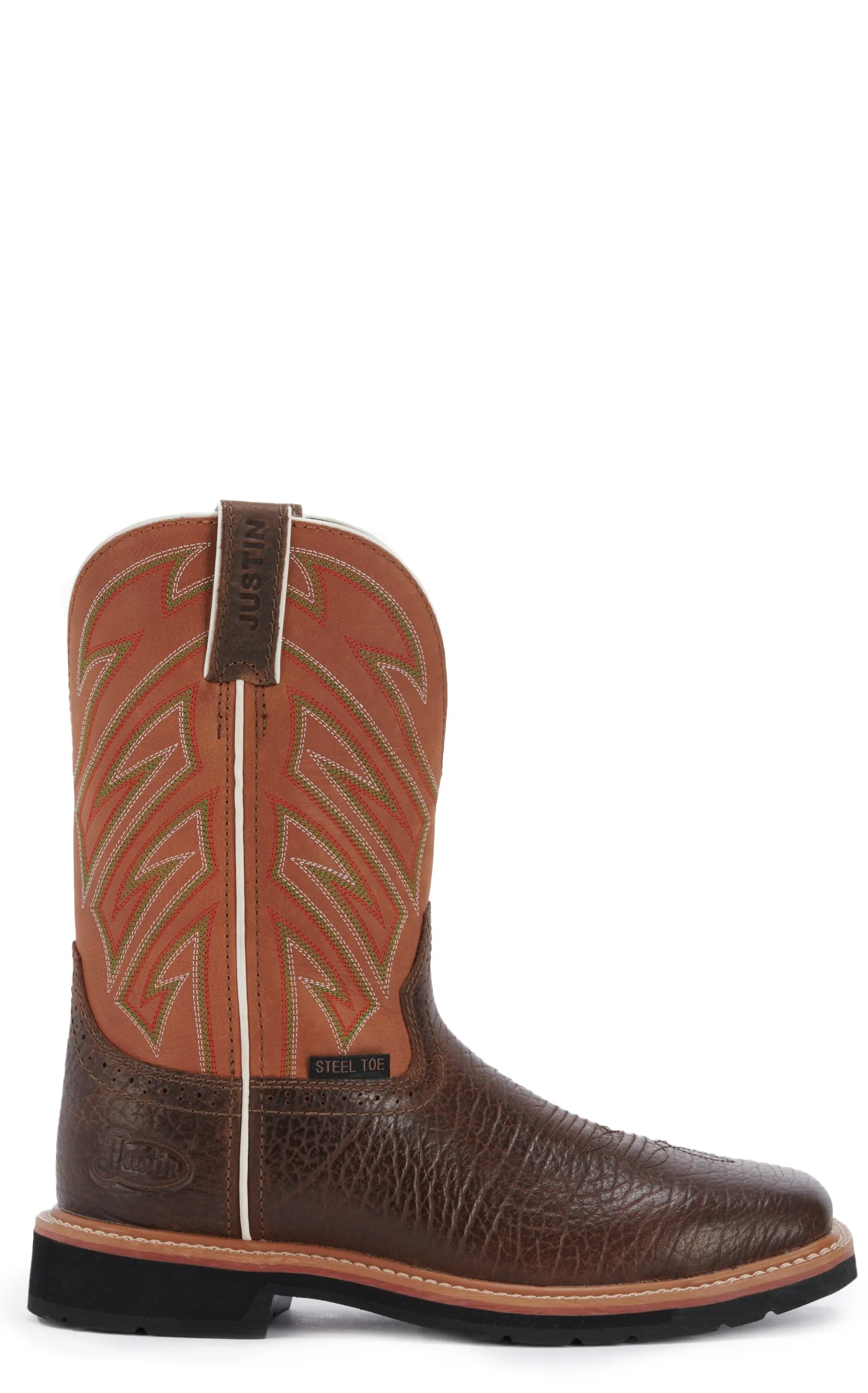 Justin Men's Stampede Electrician Chestnut Brown and Orange Square Steel Toe Work Boot