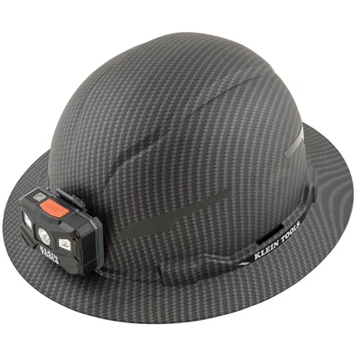 Klein Hard Hat, Premium KARBN™ Pattern, Non-Vented Full Brim, Class E, with Headlamp 60346