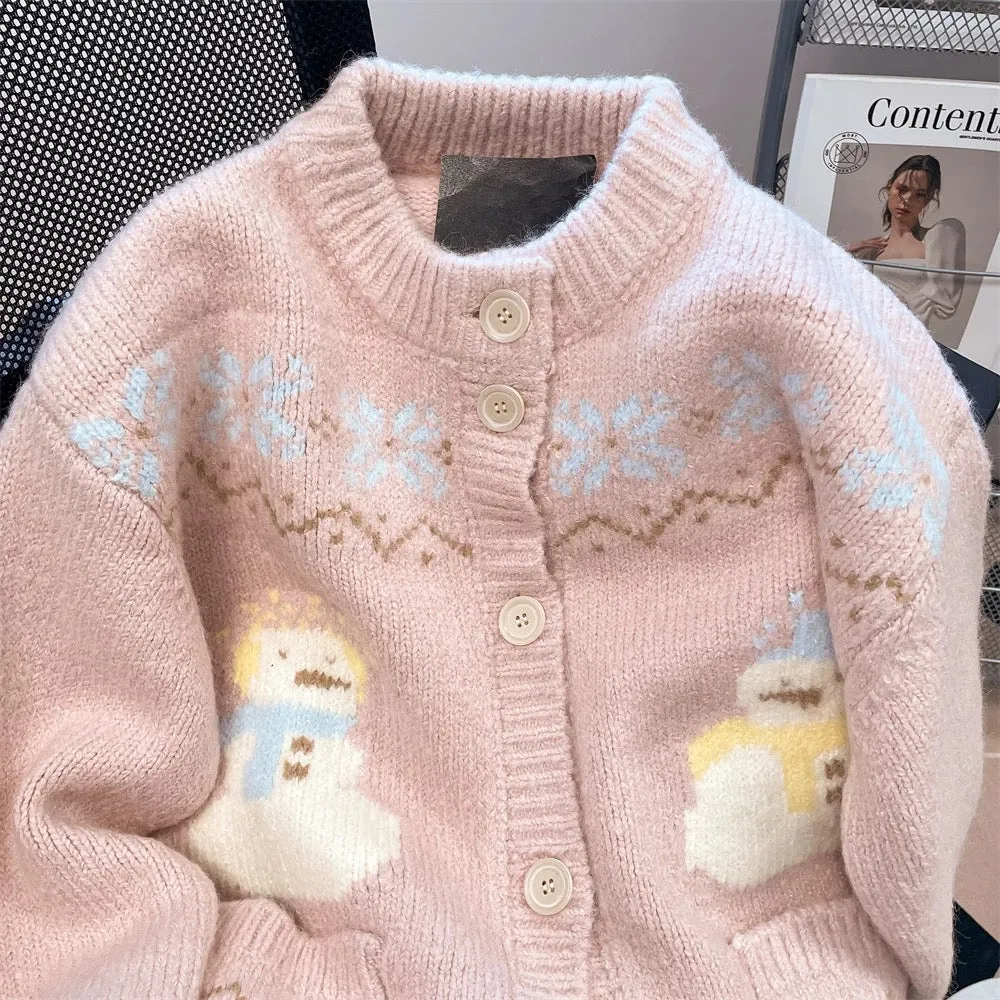 Korean high-end Fair Isle snowman jacquard sweater for women in autumn and winter, super nice lazy soft waxy knitted cardigan ja